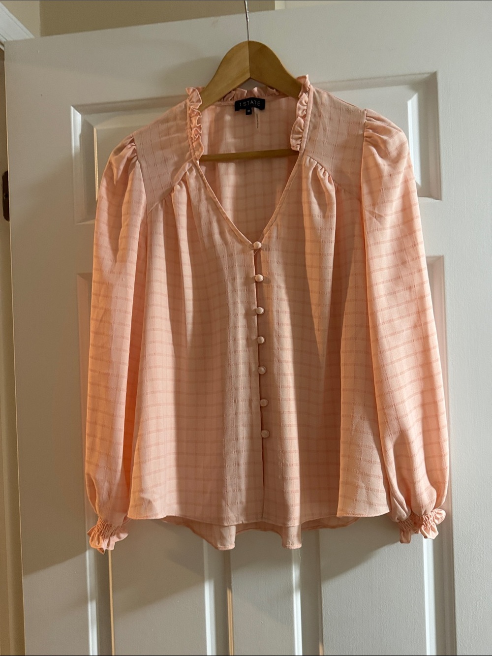 1. State Pink Button-Front Ruffle Blouse